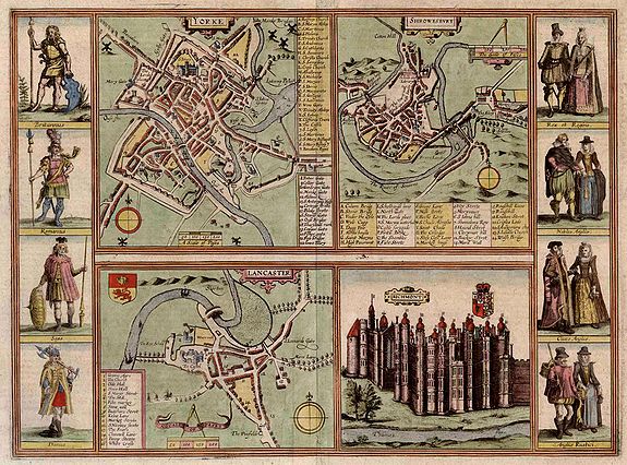 BRAUN, G. & HOGENBERG, F., Yorke - Shrowesbury - Lancaster - Richmont., antique map, old maps