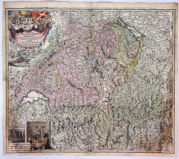 HOMANN HEIRS., Potentissimae Helvetorum Reipubliae Canones Tredecim cum Foederatis et Subjectis Provinciis., antique map, old maps