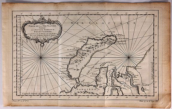 BELLIN, J., Partie de la Mer Glaciale Contenant la Nouvelle Zemble et le Pais des Samoiedes., antique map, old maps