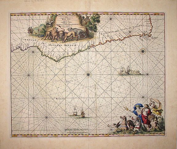 DE WIT, Frederick / Dirk Jansz Van SANTEN ., Cimebebas and Caffaria from Catembela to the Cape of Good Hope: Cimebebas et Caffariae Littora a Catenbela ad Promontorium Bonae Spei Pascaerte................, antique map, old maps