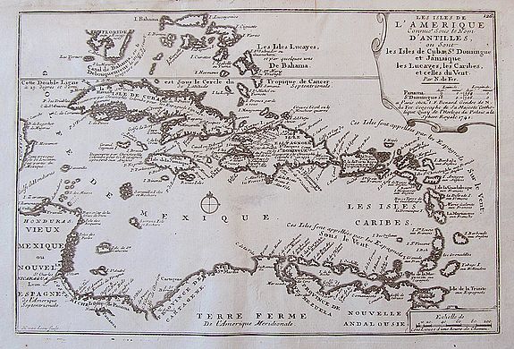 DE FER, N., Les Isles De L'Amerique Connues Sous le Nom D'Antilles, ou Sont les Isles de Cuba, St. Domingue et Jamaique, les Lucayes, les Caribes, et celles du Vent., antique map, old maps