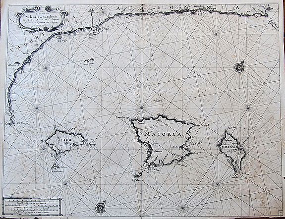 GOOS, P., De Custen van Valencia en Catalonia van C. de S. Martyn tot C. Dragonis, als meede de Eylanden van Majorca, Minorca en Yvica., antique map, old maps