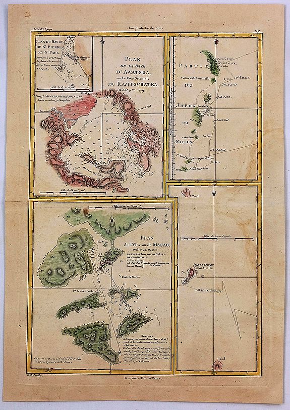 BONNE, Rigobert., Plan du Typa ou de Macao, Plan de la Baye D’Awatska, Partie du Japon. , antique map, old maps