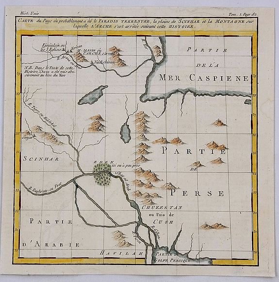 BELLIN, J., Carte du Pays ou Probablement a Ete le Paradis Terrestre, la Plaine de Scinhar et la Montagne sur Laquelle L’Arche…, antique map, old maps