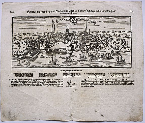 MUNSTER, Sebastian., Hafnia Coppenhagen. / Hafnia oder Coppenhagen die Königliche Statt in Dennmarck gantz epgentlich abcontrafehtet / in dem jaht Christi / 1627., antique map, old maps