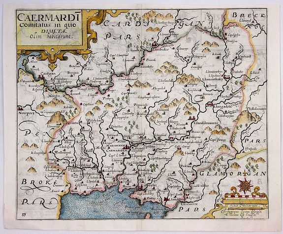 SAXTON / KIP., Caermardt Comitatus in Quo Dimetae., antique map, old maps