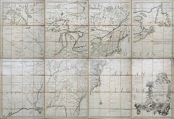 Old map by MITCHELL -Amerique septentrionale avec les Routes, Distances en miles, Villages et Etablissements François et Anglois. Par le Docteur Mitchel Traduit de l'Anglois ... Corigee en 1776 par M. Hawkins..