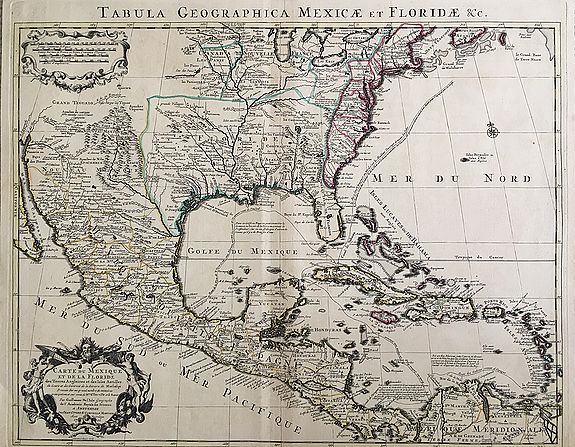 Old map by COVENS -Tabula Geographica Mexicae et Floridae &c. Carte du Mexique et de la Floride, des Terres Anglaises et des Isles Antilles, du Cours et des Environs de la Riviere de Mississipi.