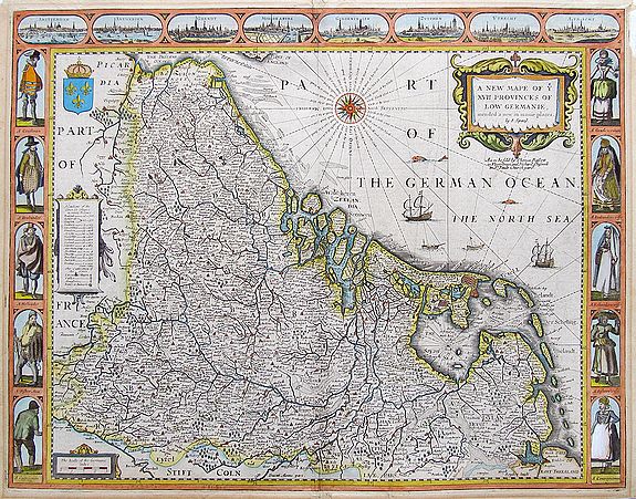 SPEED, J., A New Mape of ye XVII Provinces of Low Germanie, mended a New in manie places., antique map, old maps