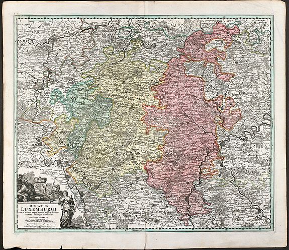 Homann, J.B., Ducatus Luxemburgi tam in Maiores quam Minores ejusdem Ditiones accurate distinctus et exhibitus a Ioh. Bapt. Homanno Norimbergae, antique map, old maps