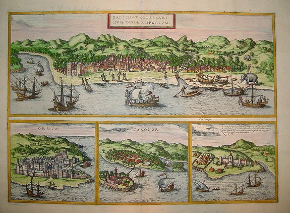 Braun & Hogenberg, Calechut Celeberri mum India Emporium., antique map, old maps