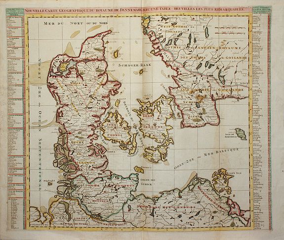 CHATELAIN, H., Nouvelle Carte Geographique du Royaume de Dannemarck avec une table des villes les plus remarquables., antique map, old maps