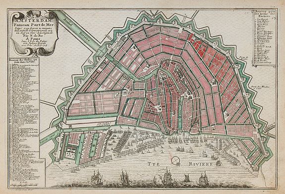 DE FER, N., Amsterdam, Fameux port de mer., antique map, old maps