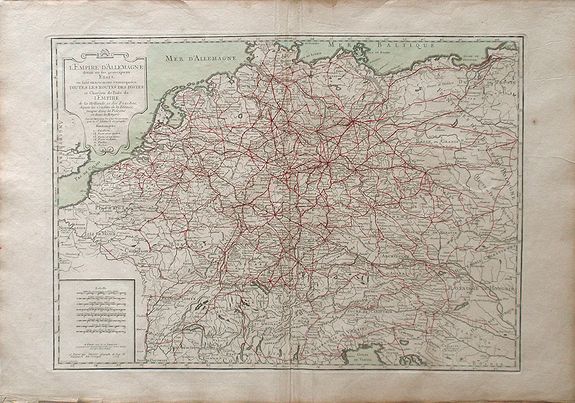 JAILLOT, A.H, L\'Empire d\'Allemagne divise en fes principaux Etats, ou font exactement remarquees Toutes Les Routes des Postes et Chariots de Poste de L\'Empire, antique map, old maps