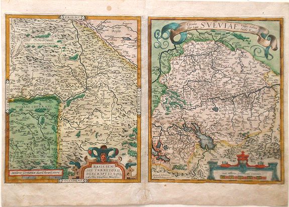 ORTELIUS, A., Basiliensis Territorii Descriptio Nova and Circulus Sveviae, Vulgo Schwafiue Ligabische Kraiss., antique map, old maps