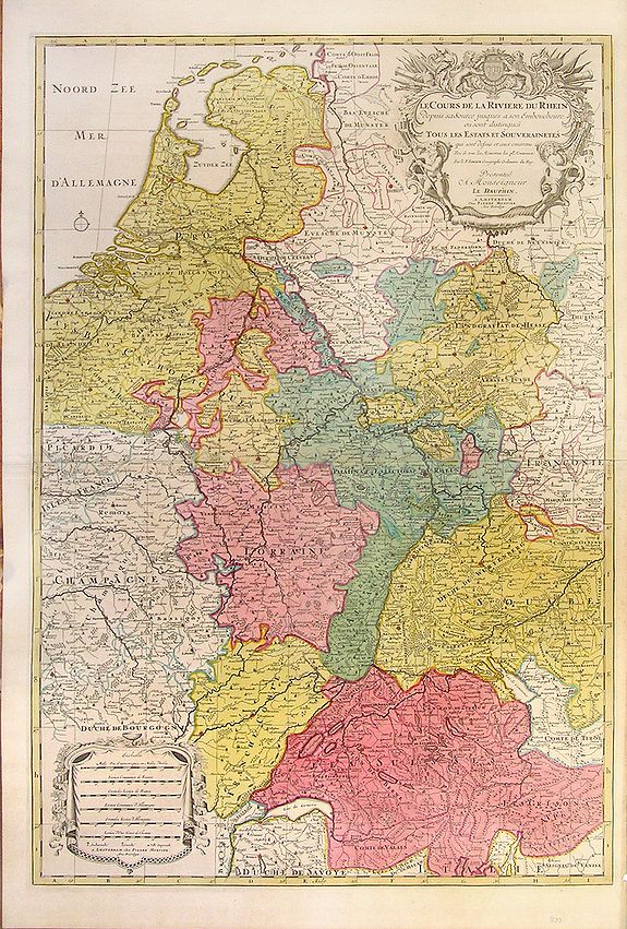 MORTIER, P., Le Cours De La Riviere Du Rhein depuis sa Source jusques a son Emboucheure ou sont distingues Tous Les Estats et Souverainetes, antique map, old maps