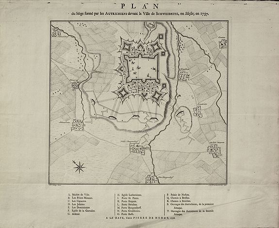 de Hondt, P., Plan du Siège formé par les Autrichiens devant la Ville de Schweidnitz, en Silesie, en 1757, antique map, old maps