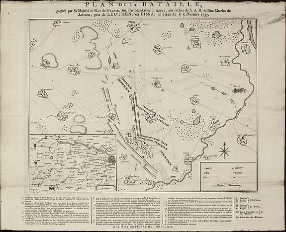 de Hondt, P., Plan de la Bataille, gagnée par Sa Majesté le Roi de Prusse, sur l'Armée Autrichienne, aux ordres de S.A.R de Duc Charles de Lorraine, près de Leuthen, ou Lissa, en Silesie, le 5. Decembre 1757, antique map, old maps