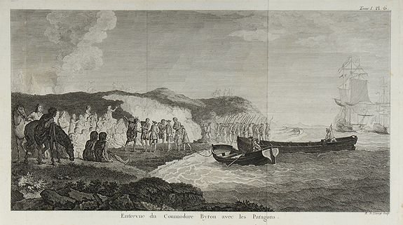 COOK, J., Entrevue du Commodore Byron avec les Patagons., antique map, old maps
