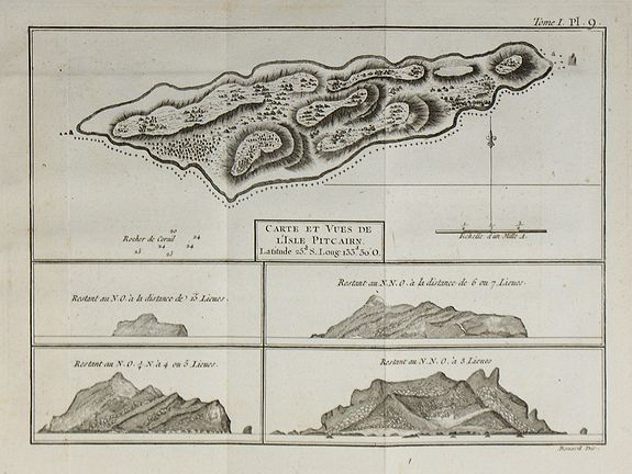 COOK, J., Carte et Vues de l'Isle Pitcairn., antique map, old maps