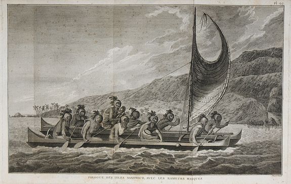 COOK, J., Pirogue des Isles Sandwich, avec les rameurs masqués., antique map, old maps