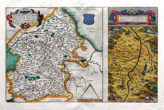 ORTELIUS, A., Regionis Biturigum Exactiss Descriptio per D. 10 Annem Calamaeum / Limaniae Topographia Gabriele Symeoneo Auct., antique map, old maps