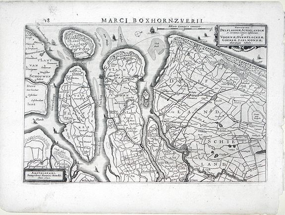 HONDIUS, H, Novissima Delflandiae, Schielandiae et circumiacentium insularum ut Voornae, Overflackeae, Goeree, Iselmonde aliarumque tabula., antique map, old maps