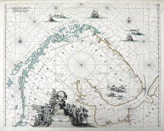 DE WIT, F, Finmarche et Laplandiae Maritima Nieuwe Pascaert vande Kusten Finmarcken en Lapland Streckende van Dronten tot Archangel., antique map, old maps