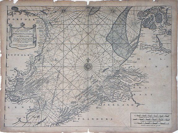 MOUNT / PAGE, A Correct Chart of the Sea Coasts of England, Flanders and Holland showing the Sands, Shoals, Rocks and Dangers, The Bays and Harbours, Roads, Buoys, Beasons and Seamarks on the said Coasts., antique map, old maps