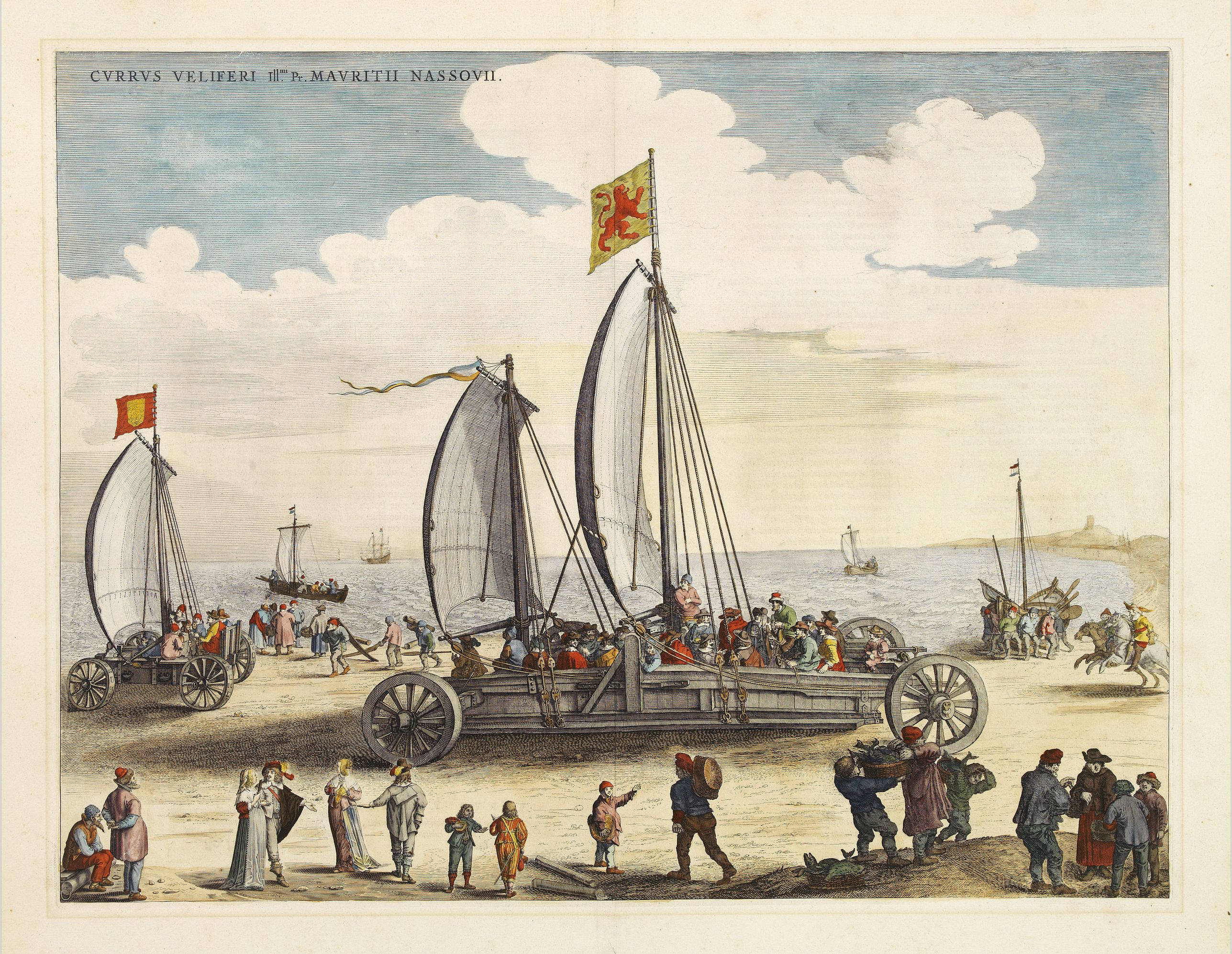 BLAEU, J., Currus Veliferi Illmi. Pr. Mauritii Nassouvii. (Prince Maurits' sailing-carriage, designed by Simon Stevin. ), antique map, old maps