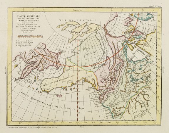 VAUGONDY, R. de, Carte Générale des Découvertes de l'Amiral de Fonte representant la grande probabilité d'un Passage au Nord Ouest. . ., antique map, old maps