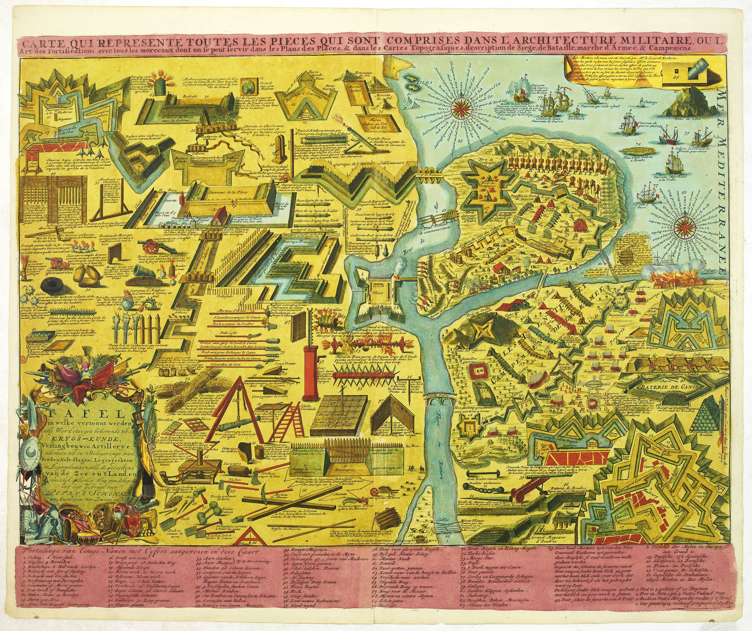 SCHENK, P., Tafel in welke vertoont werden alle werk-tuigen behorende tot de krygs-kunde, Vestingbouw en Artillery e. als mede. . ., antique map, old maps