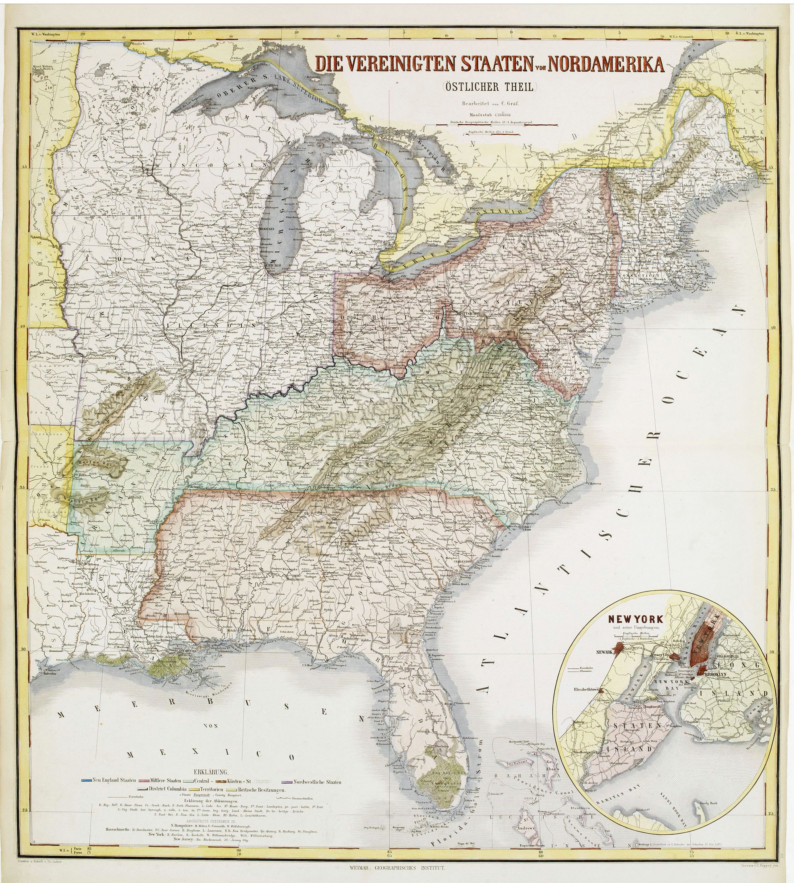GEOGRAPHISCHES INSTITUT, Die Vereinigten Staten von Nordamerika (Ostlicher theil)., antique map, old maps