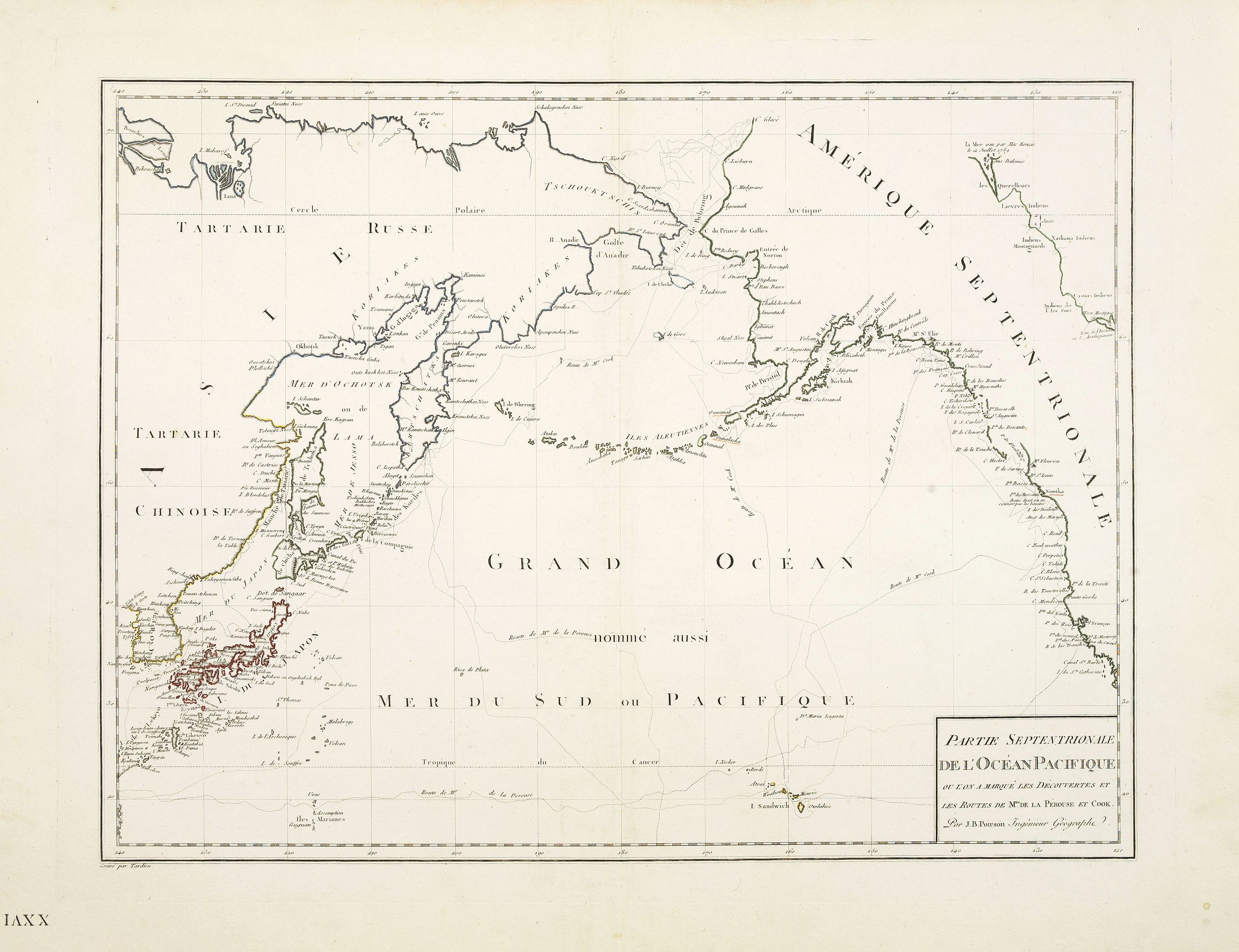 POIRSON, J.B., Partie septentrionale de l'Océan Pacifique ou l'on marqué les découvertes et les routes de M.rs de la Pérouse et Cook., antique map, old maps