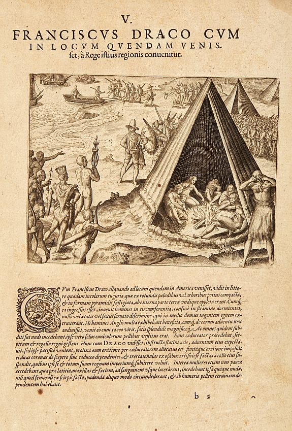 DE BRY, Th., Franciscus Draco cum in locum quendam venis set, à Rege istius regionis convenitur., antique map, old maps