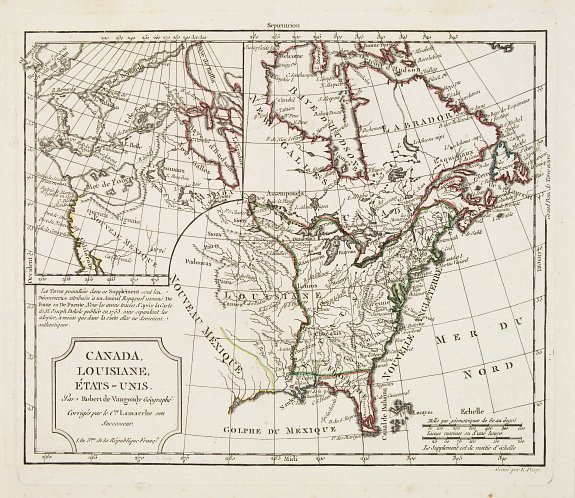 VAUGONDY, R. de / DELAMARCHE, Canada, Louisiane, États-Unis. Par Robert de Vaugondy Géographé, Corrigés par le C.en Lamarche son Successeur. L'An 3.em de la République Franc?., antique map, old maps
