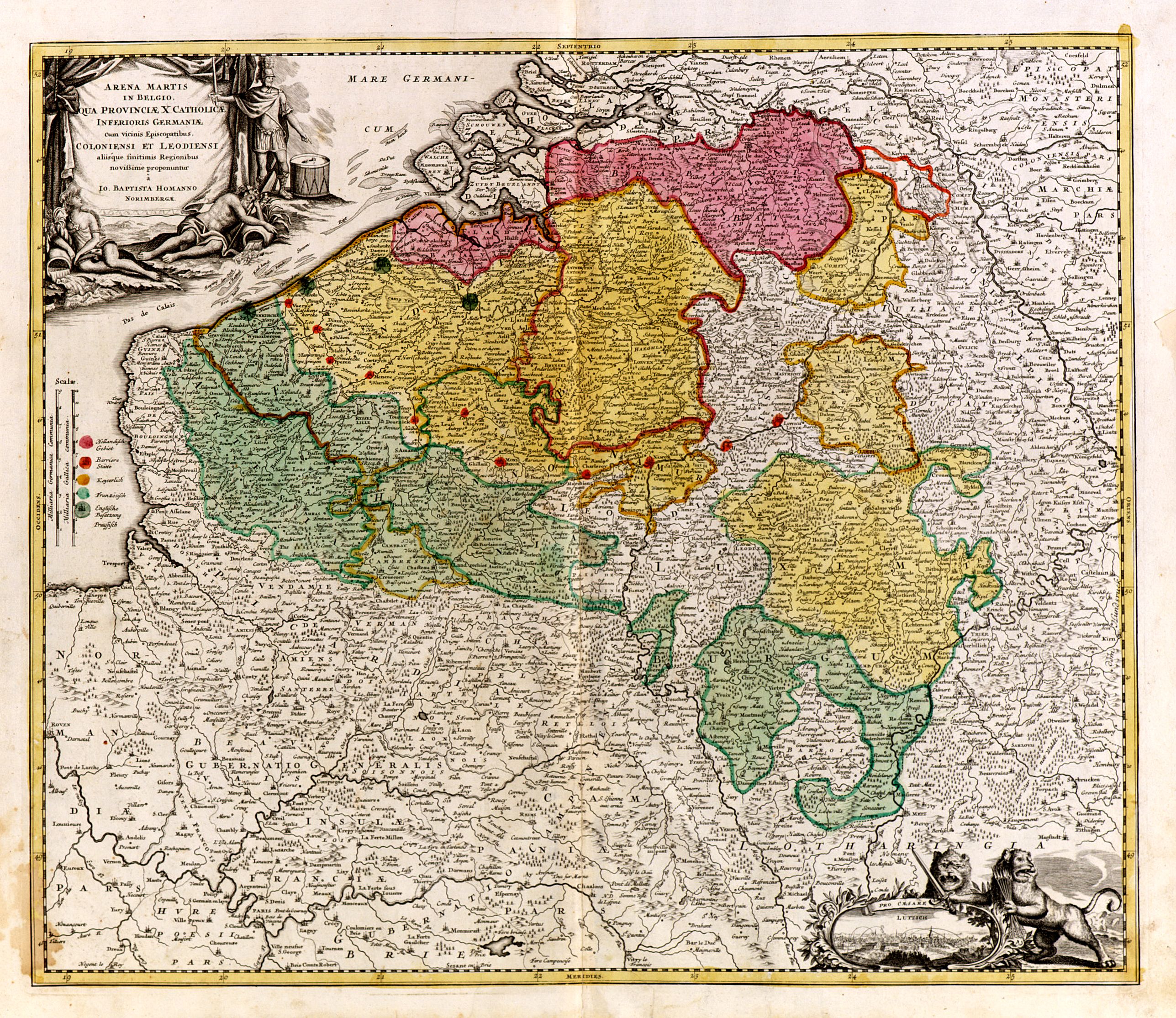 HOMANN, J.B., Arena Martis in Belgio qua provinciae X catholicae. . ., antique map, old maps