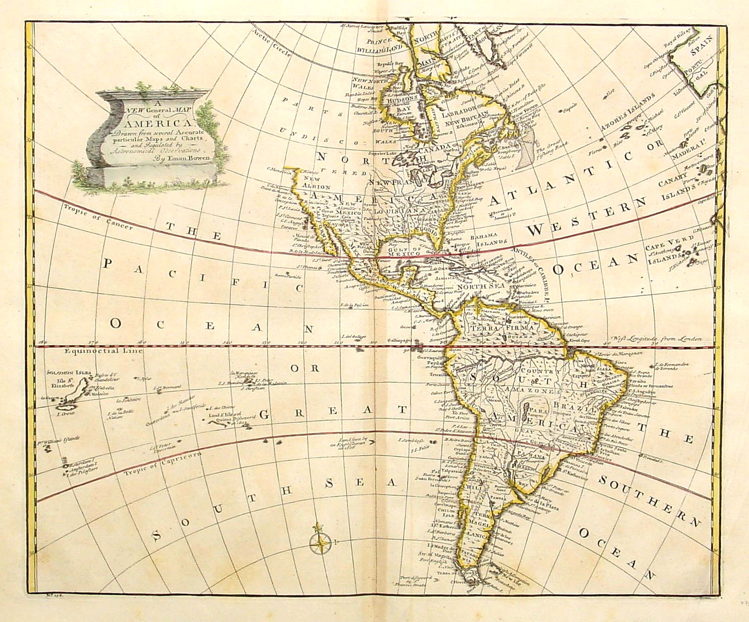 BOWEN,E., A new general map of America drawn from several.., antique map, old maps
