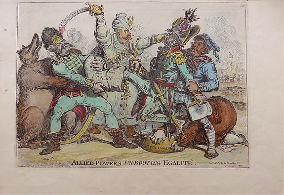 GILLRAY, James., 'Allied-Powers, Un-Booting Egalité.' , antique map, old maps
