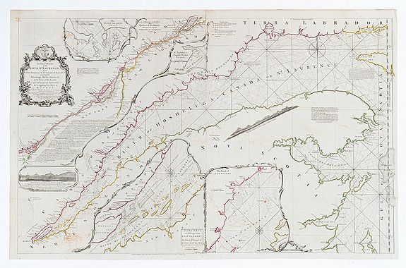 JEFFERYS, Thomas., Exact Chart of the River St. Laurence from Fort Frontenac to the Island of Anticosti showing the Soundings, Rocks, Shoals &c. with Views of the Lands and all necessary Instructions for navigating that River to Quebec., antique map, old maps