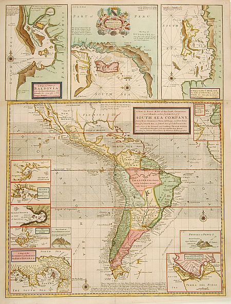 MOLL, H., A New & Exact Map of the Coast, Countries and Islands within ye Limits of ye South Sea Company from ye River Aranoca to Terra del Fuego and from thence through ye South Sea, to ye North Part of California &c. . . . (Galapagos Islands!), antique map, old maps