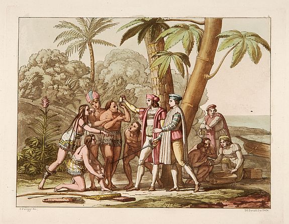 FERRARIO, G., Christophe Colomb rencontre les premiers indiens., antique map, old maps