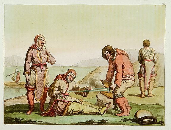 FERRARIO,G., Esquimaux faisant du feu., antique map, old maps