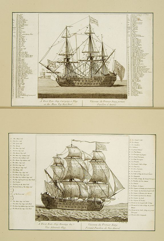 SCOTIN,G., A first rate ship hoisting the Vice Admirals flag./ A first rate ship carrying a flag at the main top mast head., antique map, old maps