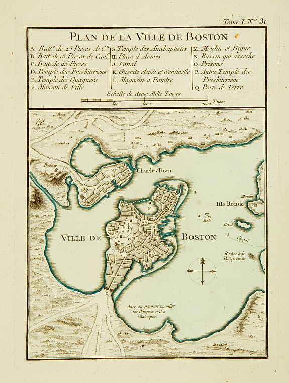 BELLIN,J.N., Plan de la Ville de Boston., antique map, old maps