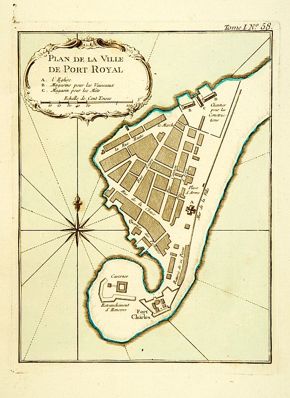 BELLIN,J.N., Plan de la Ville de Port Royal., antique map, old maps
