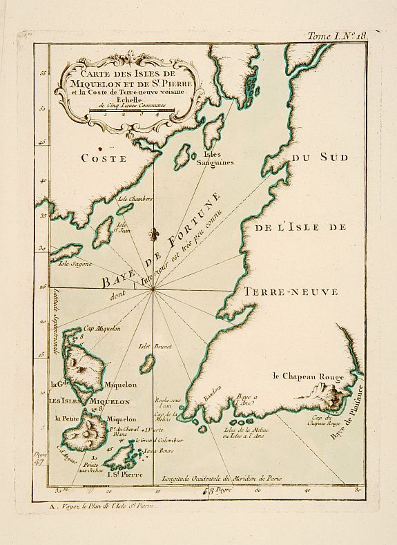 BELLIN,J.N., Carte des Isles de Miquelon et de St. Pierre et la Coste de Terre Neuve voisine., antique map, old maps