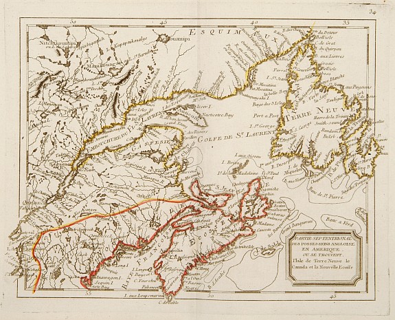 MONDHARE / NOLIN,J.B., Partie Septentrional des Possessions Angloise En Amérique ou se trouvent l\'Isle de Terre-Neuve le Canada et la Nouvelle Ecosse., antique map, old maps
