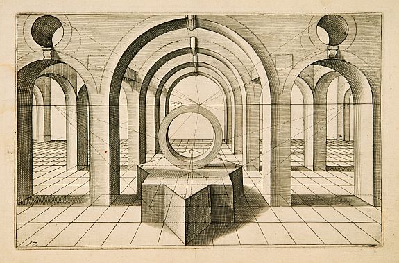 VREDEMAN DE VRIES,J./ HONDIUS,H., Perspective print by Vredeman de Vries., antique map, old maps