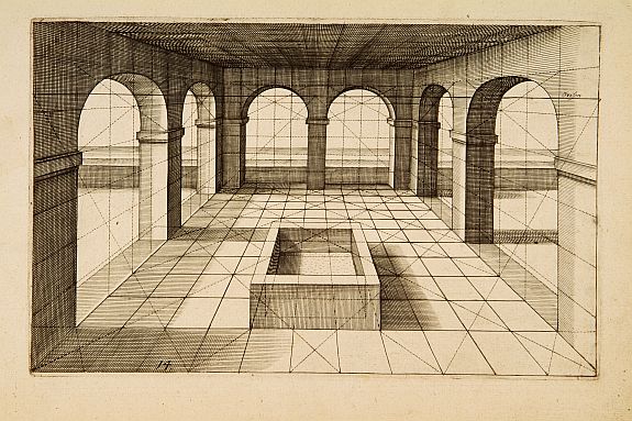 VREDEMAN DE VRIES, J./ HONDIUS, H., Perspective print by Vredeman de Vries., antique map, old maps